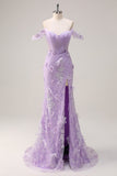 Off the Shoulder Corset Applique Mermaid Lilac Prom Dress with Slit