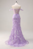 Off the Shoulder Corset Applique Mermaid Lilac Prom Dress with Slit