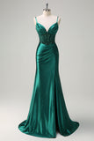 Dark Green Corset Sequined Slit Mermaid Prom Dress with Beading