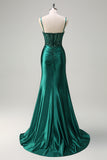 Dark Green Corset Sequined Slit Mermaid Prom Dress with Beading