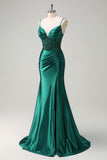 Dark Green Corset Sequined Slit Mermaid Prom Dress with Beading