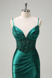 Dark Green Corset Sequined Slit Mermaid Prom Dress with Beading