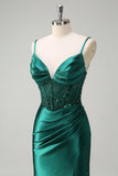 Dark Green Corset Sequined Slit Mermaid Prom Dress with Beading