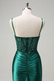 Dark Green Corset Sequined Slit Mermaid Prom Dress with Beading