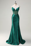 Mermaid Dark Green Corset Satin Prom Dress with Beading and Slit