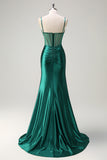 Mermaid Dark Green Corset Satin Prom Dress with Beading and Slit