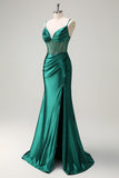 Mermaid Dark Green Corset Satin Prom Dress with Beading and Slit