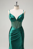 Mermaid Dark Green Corset Satin Prom Dress with Beading and Slit