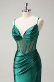 Mermaid Dark Green Corset Satin Prom Dress with Beading and Slit