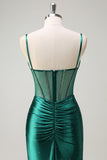 Mermaid Dark Green Corset Satin Prom Dress with Beading and Slit