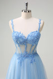 Glitter A Line Blue Appliques Corset Prom Dress with Slit