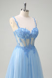 Glitter A Line Blue Appliques Corset Prom Dress with Slit