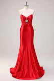 Red Strapless Keyhole Bows Mermaid Prom Dress