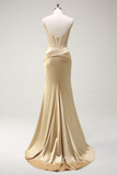 Sparkly Mermaid Spaghetti Straps Golden Corset Long Prom Dress with Slit