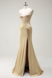 Sparkly Mermaid Spaghetti Straps Golden Corset Long Prom Dress with Slit