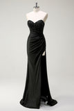 Sparkly Sweetheart Black Long Sequin Prom Dress With Slit