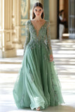 Sage A Line V Neck Illusion Sleeve Prom Dress with Appliques