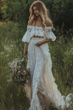 Ivory Off the Shoulder Lace Boho Wedding Dress