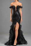 Black Mermaid Off The Shoulder Sequins Tulle Formal Dress