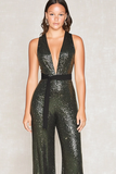 Sparkly Olive Deep V-Neck Sequins Mother of the Bride Jumpsuits with Belt