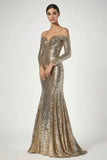 Golden Mermaid Off the Shoulder Sequin Long Formal Dress