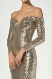 Golden Mermaid Off the Shoulder Sequin Long Formal Dress