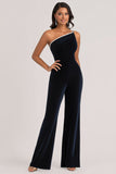 Navy Velvet One Shoulder Mother of the Bride Outfit with Rhinestone