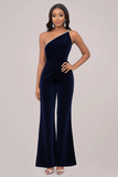 Navy Velvet One Shoulder Mother of the Bride Outfit with Rhinestone