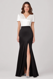 White and Black V Neck Satin Sheath Mother of the Bride Dress with Short Sleeves