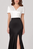 White and Black V Neck Satin Sheath Mother of the Bride Dress with Short Sleeves