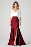 V Neck Satin 3/4 Sleeve White and Burgundy Mother of the Bride Dress with Slit