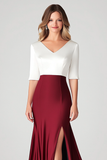 V Neck Satin 3/4 Sleeve White and Burgundy Mother of the Bride Dress with Slit