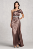 Taupe One Shoulder Ruched Mother of the Bride Dress with Rhinestone Waist