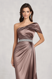 Taupe One Shoulder Ruched Mother of the Bride Dress with Rhinestone Waist