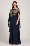 Beaded Shawl Overlay Sheath Chiffon Navy Mother of the Bride Dress