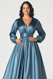 Grey Blue A Line V Neck Mother of the Bride Dress with Long Sleeves