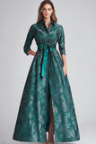 Dark Green Jacquard A Line 3/4 Sleeve Slit Mother of the Bride Dress with Belt