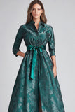 Dark Green Jacquard A Line 3/4 Sleeve Slit Mother of the Bride Dress with Belt