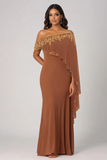 Rust Beaded Chiffon Sheath Mother of the Bride Dress with Shawl