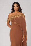 Rust Beaded Chiffon Sheath Mother of the Bride Dress with Shawl