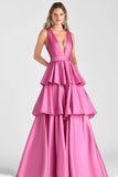 Tiered V Neck Fuchsia A Line Formal Dress