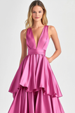 Tiered V Neck Fuchsia A Line Formal Dress