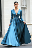 A Line Long Sleeves V Neck Dark Blue Mother of the Bride Dress with Belt