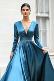 A Line Long Sleeves V Neck Dark Blue Mother of the Bride Dress with Belt