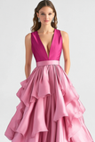 Hot Pink Tiered Ruffle V Neck A Line Formal Dress