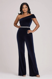 Velvet One Shoulder Navy Jumpsuit with Rhinestone Chain Waist