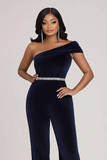 Velvet One Shoulder Navy Jumpsuit with Rhinestone Chain Waist