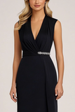 Sheath V Neck Black Midi Mother of the Bride Dress with Rhinestone