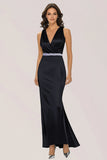 V Neck Sheath Black Mother of the Bride Dress with Rhinestone Belt