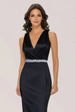 V Neck Sheath Black Mother of the Bride Dress with Rhinestone Belt